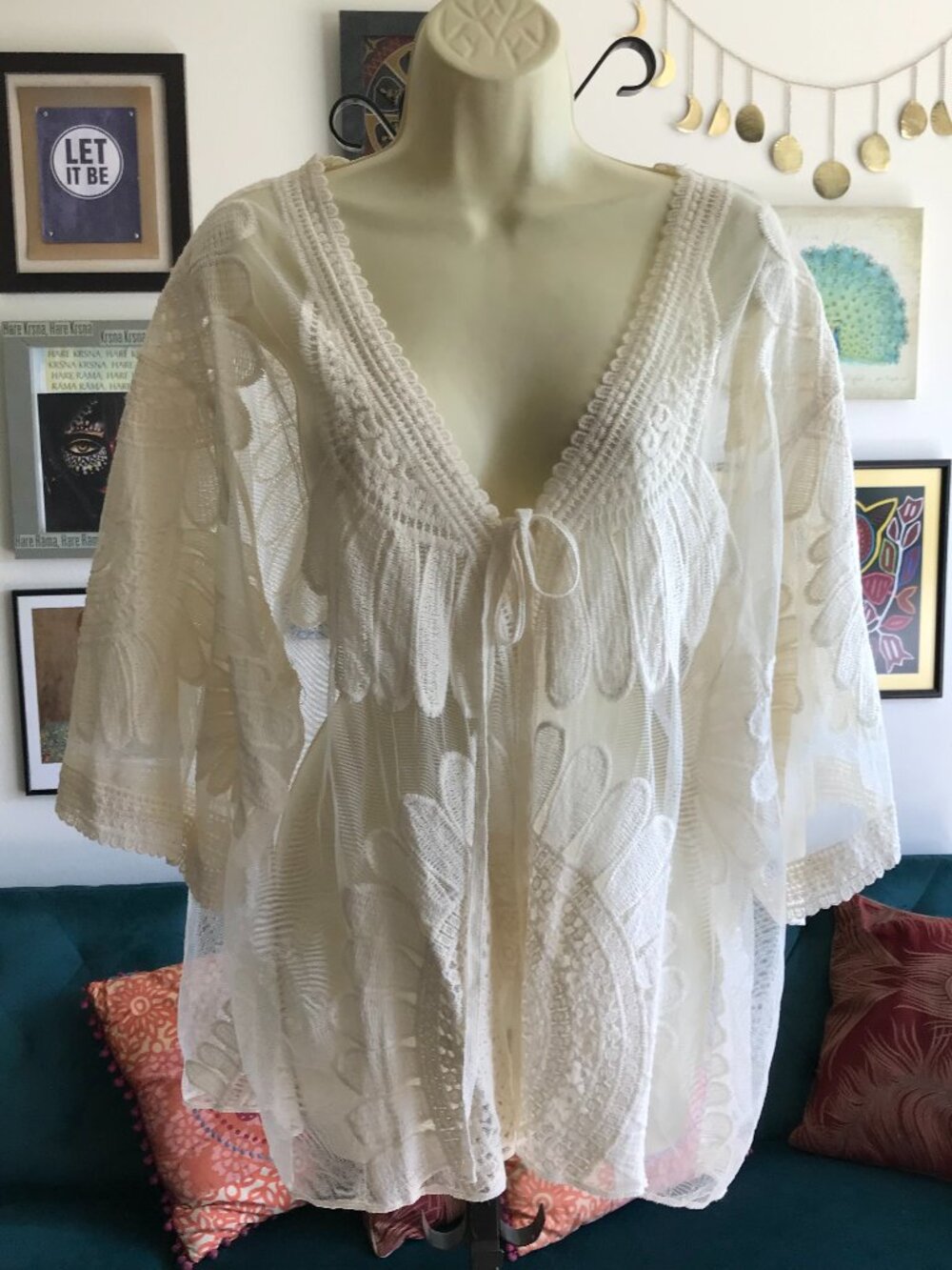 KATE & MALLORY size XL 1X Ivory 70's Vibe Embroidered Boho Mesh Kimono Cardigan